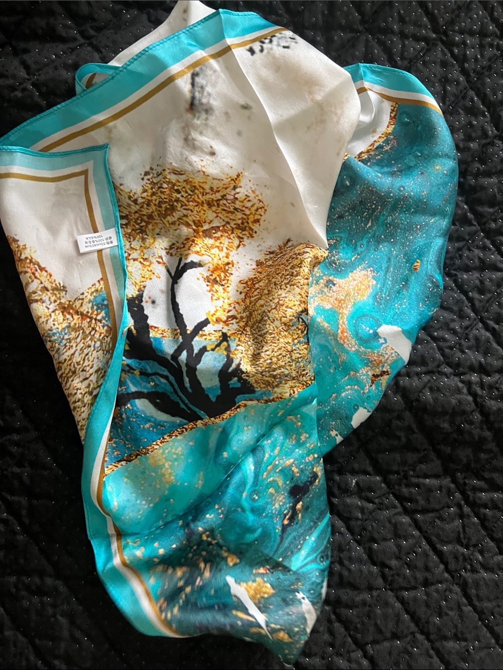 100% Mulberry Silk Abstract Tree Oil Painting Small Square Scarf 53cm
